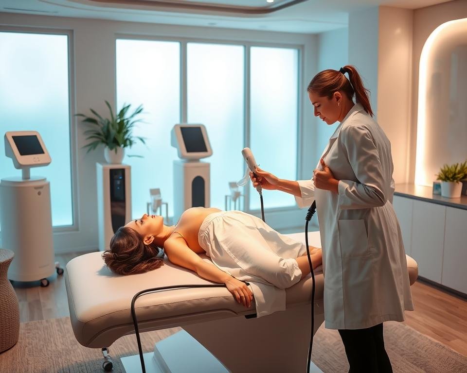 A serene and inviting scene at Capri Med Spa in West Hills, featuring a modern treatment room focused on body and face sculpting. In the foreground, a professional therapist, dressed in a sleek white lab coat and black pants, is demonstrating a T-Shape 2 body sculpting device on a client. The client is comfortably reclined on a treatment table, wearing modest, loose-fitting attire. In the middle ground, soft ambient lighting enhances the calming atmosphere while showcasing sleek medical equipment and spa decor. The background features soothing colors, with light green and white accents, through large windows that allow natural light to filter in, creating a peaceful and rejuvenating environment. The image conveys a sense of professionalism, relaxation, and wellness, perfectly illustrating the concept of body and face sculpting.