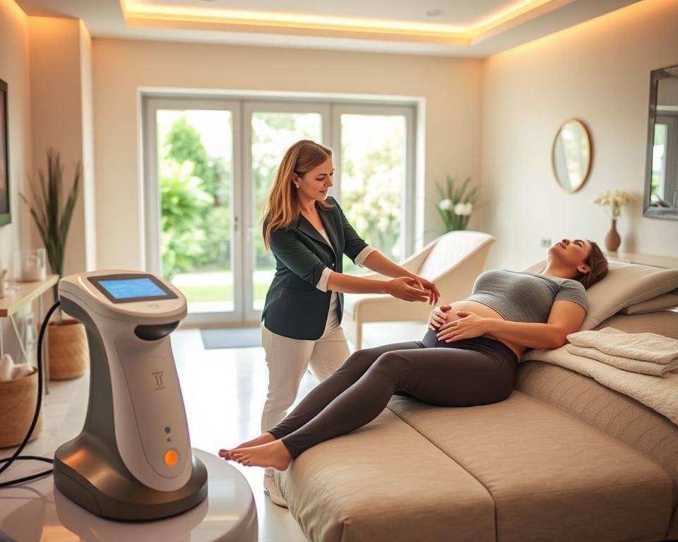 A serene and inviting scene depicting the benefits of body sculpting and contouring at Capri Med Spa. In the foreground, a well-lit treatment room features a state-of-the-art T-Shape 2 device, showcasing its sleek design and modern technology. A professional therapist in smart casual attire is gently demonstrating the device on a patient, who is comfortably seated in a relaxed posture, fully dressed in modest, fitted clothing. The middle ground reveals a clean and organized spa environment with soft, ambient lighting that creates a calming atmosphere. In the background, large windows let in natural light, providing a view of a tranquil garden. The overall mood is one of rejuvenation and wellness, focused on the transformative power of body contouring treatments in a professional setting. A serene and inviting scene depicting the benefits of body sculpting and contouring at Capri Med Spa. In the foreground, a well-lit treatment room features a state-of-the-art T-Shape 2 device, showcasing its sleek design and modern technology. A professional therapist in smart casual attire is gently demonstrating the device on a patient, who is comfortably seated in a relaxed posture, fully dressed in modest, fitted clothing. The middle ground reveals a clean and organized spa environment with soft, ambient lighting that creates a calming atmosphere. In the background, large windows let in natural light, providing a view of a tranquil garden. The overall mood is one of rejuvenation and wellness, focused on the transformative power of body contouring treatments in a professional setting.