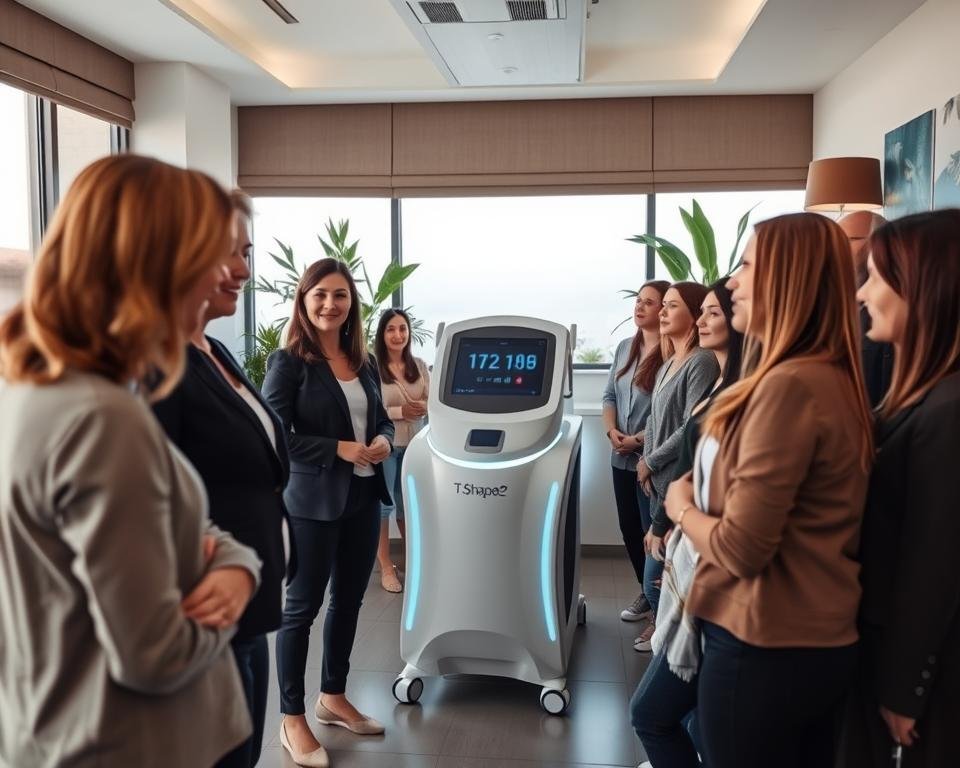 A serene and inviting scene of a modern, well-lit body contouring clinic, specifically showcasing "Capri Med Spa" in Chatsworth. In the foreground, a professional female consultant in smart business attire is explaining body and face sculpting benefits to a diverse group of clients, all dressed in modest casual clothing, with expressions of curiosity and interest. The middle layer features a state-of-the-art T-Shape 2 machine, elegantly displayed in a well-organized treatment room with soft, natural light filtering through large windows, creating a warm, welcoming atmosphere. In the background, tasteful decor with calming colors and plants enhances the ambiance, suggesting a focus on wellness and transformation. The overall mood should feel positive, rejuvenating, and uplifting, perfectly capturing the essence of body and face sculpting benefits.