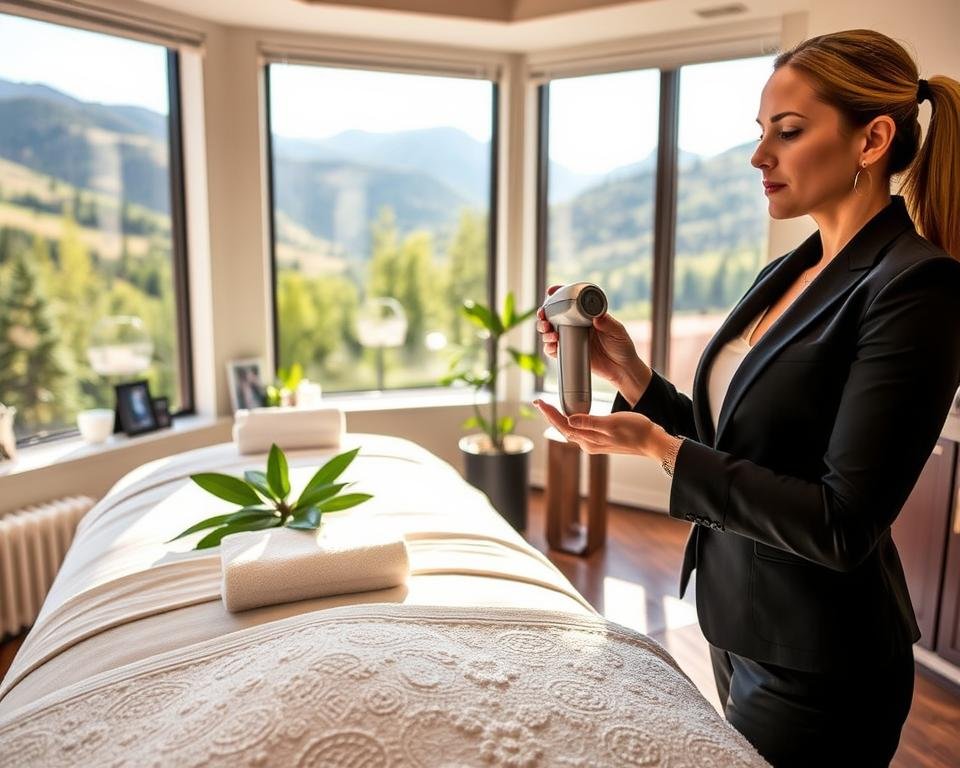 A serene and inviting setting capturing the essence of face sculpting in Sun Valley, featuring a modern treatment room at Capri Med Spa. In the foreground, a professional aesthetician in business attire demonstrates the T-Shape 2 device, its sleek design highlighted, while preparing for a facial contouring session. The middle ground includes a softly lit massage table adorned with fresh towels, and natural elements like plants contributing to a calming atmosphere. The background reveals large windows framing the picturesque Sun Valley landscape with mountains and lush greenery, bathing the room in natural light. The overall mood is tranquil and professional, eliciting a sense of rejuvenation and wellness, perfect for illustrating the concept of body and face sculpting contouring.