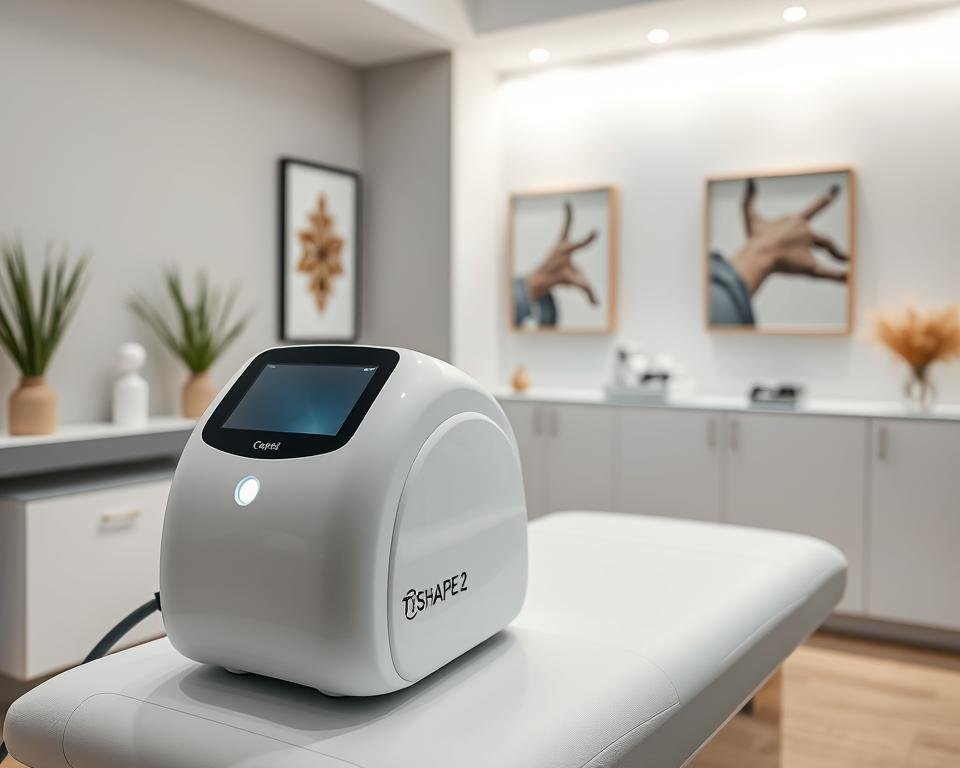 A serene and modern aesthetic clinic interior featuring a state-of-the-art T-Shape 2 machine by Capri Med Spa in the foreground, prominently displayed on a sleek, white treatment table. The middle ground showcases a well-lit treatment room with elegant decor, including soothing earth-tone colors and soft lighting that creates a calming atmosphere. In the background, there are stylish medical art pieces on the walls, enhancing the sophisticated vibe of the space. The image should convey professionalism and tranquility, with a sense of warmth and inviting ambiance. The lighting should be bright yet soft, mimicking natural light to highlight the equipment's features without harsh shadows.
