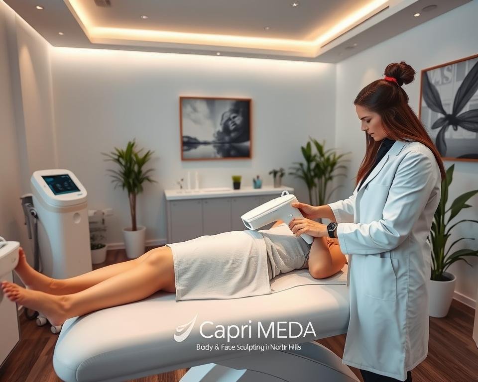 A serene and modern body contouring clinic environment showcasing a skilled specialist working on a client. In the foreground, a professional in a crisp white lab coat is demonstrating the T-Shape 2 device on a patient, who is comfortably lying on a treatment table in modest clothing, relaxed and at ease. The middle ground features sleek aesthetic equipment, soft lighting complementing the space, and a clean, inviting atmosphere. In the background, calming artwork and plants enhance the soothing environment. The overall mood is professional and reassuring, evoking trust in body and face sculpting. The brand name "Capri Med Spa" subtly incorporated into the decor, emphasizing the credible services offered in North Hills.