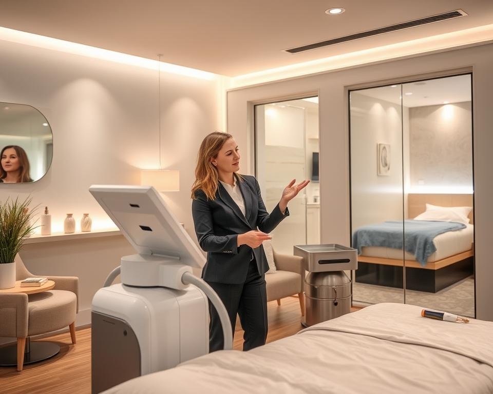 A serene and modern med spa interior showcasing a non-invasive body contouring treatment. In the foreground, a professional female therapist in business attire gently explains the process to a client, who is relaxed and dressed in modest casual clothing. The therapist is using the T-Shape 2 machine, which is prominently displayed, its sleek design highlighting advanced technology. The middle ground features calming decor, including soft lighting and soothing colors, contributing to a tranquil atmosphere. In the background, cozy treatment rooms can be seen, hinting at a welcoming environment for clients. The lighting is soft and warm, enhancing the feeling of comfort and professionalism. This scene captures the essence of body and face sculpting contouring at Capri Med Spa in Studio City.