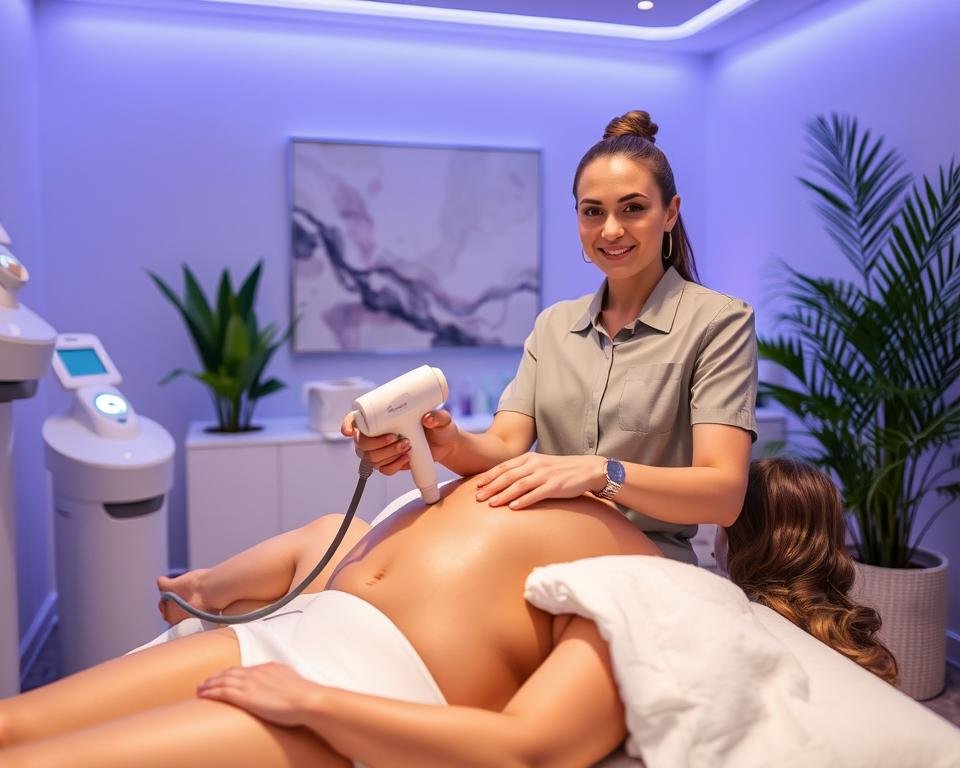 A serene, modern med spa treatment room at Capri Med Spa, Sherman Oaks, showcasing body sculpting contouring. In the foreground, a professional therapist in smart casual attire administers a T-Shape 2 device to a relaxed client, illustrating the contouring procedure. The therapist has a focused yet friendly expression, emphasizing trust and expertise. The middle features soft, ambient lighting that highlights the sleek, state-of-the-art equipment, with soft white and pastel colors creating a calming atmosphere. In the background, abstract art and lush indoor plants add warmth, enhancing the inviting feel of the space. The photograph captures a close-up angle, showcasing the interaction and technology while radiating professionalism and serenity in a wellness environment. A serene, modern med spa treatment room at Capri Med Spa, Sherman Oaks, showcasing body sculpting contouring. In the foreground, a professional therapist in smart casual attire administers a T-Shape 2 device to a relaxed client, illustrating the contouring procedure. The therapist has a focused yet friendly expression, emphasizing trust and expertise. The middle features soft, ambient lighting that highlights the sleek, state-of-the-art equipment, with soft white and pastel colors creating a calming atmosphere. In the background, abstract art and lush indoor plants add warmth, enhancing the inviting feel of the space. The photograph captures a close-up angle, showcasing the interaction and technology while radiating professionalism and serenity in a wellness environment.