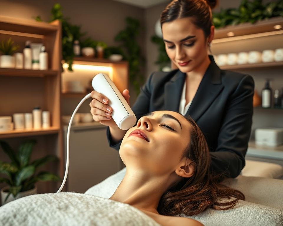 A serene spa environment representing Capri Med Spa, with a focus on non-invasive face lift treatments. In the foreground, a professional therapist in smart business attire gently applies the T-Shape 2 Face device to a relaxed client’s face, emphasizing a sense of tranquility and rejuvenation. The middle ground showcases soothing, soft lighting, highlighting the contours of the client's face while creating a gentle glow. In the background, shelves filled with skincare products and calming greenery provide a welcoming atmosphere, reinforcing the concept of relaxation and rejuvenation. The entire scene captures a harmonious blend of professionalism and comfort, evoking feelings of trust and wellness.