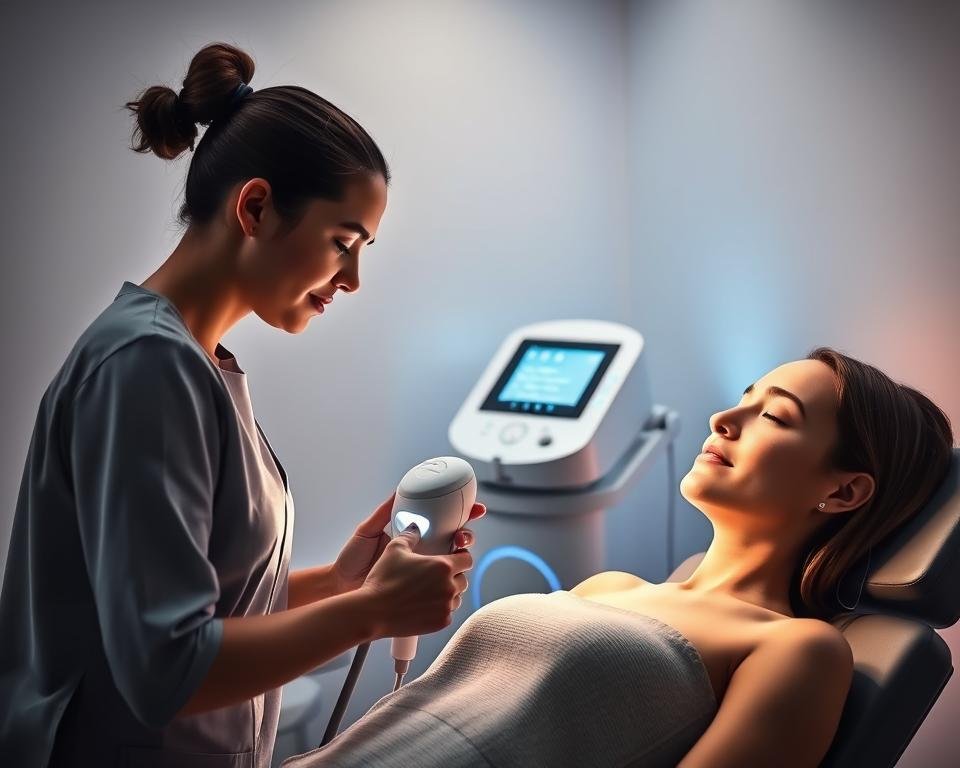 A serene, well-lit clinical setting showcasing a facial contouring treatment in progress. In the foreground, a professional, modestly dressed practitioner attentively works with the T-Shape 2 device, its sleek design highlighting modern technology from Capri Med Spa. The patient, in a comfortable reclining chair, appears relaxed, with soft diffused lighting casting a warm glow on their face, emphasizing the gentle contours being sculpted. The middle layer features a clear view of the T-Shape 2 machine, with its various components and screens illuminated, providing a sense of advanced medical innovation. In the background, minimalist decor and calming colors enhance the tranquil atmosphere, suggesting professionalism and care. The overall mood is soothing and reassuring, capturing the essence of body and face sculpting practices.