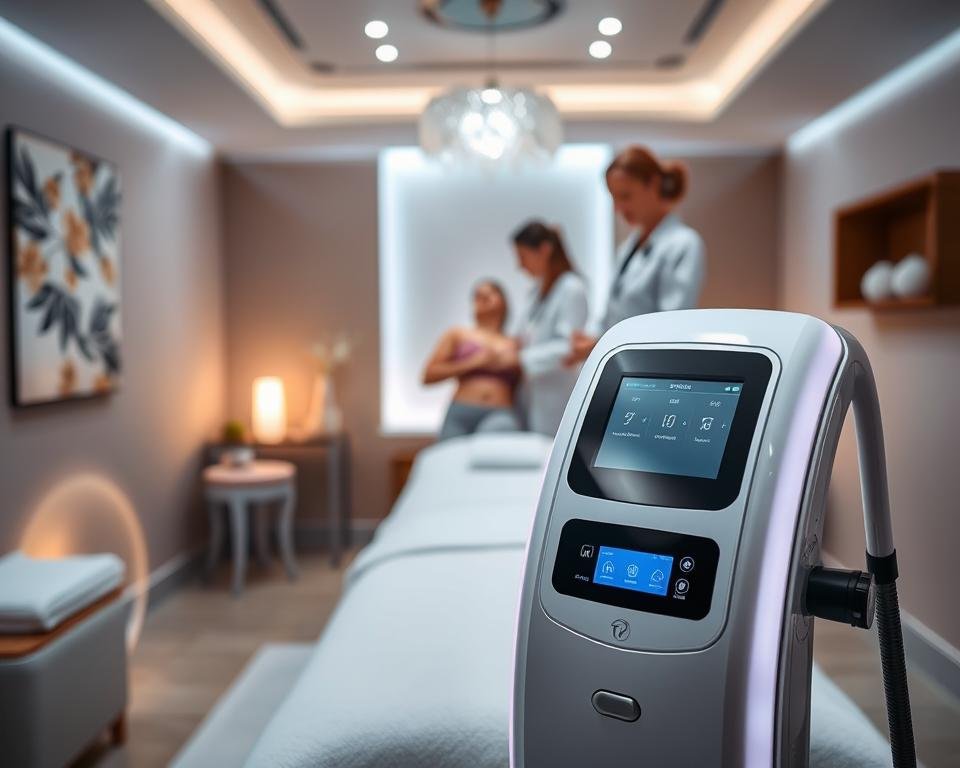 A state-of-the-art spa treatment room showcasing the T-Shape 2 Technology for body contouring. In the foreground, a sleek, modern T-Shape 2 device is prominently displayed, featuring an elegant design with high-tech controls and a digital display. The midsection reveals a professional technician in a lab coat, demonstrating the device's application on a patient wearing comfortable, modest clothing. The background features a serene spa environment with soft, ambient lighting, calming colors, and soothing decor, enhancing the atmosphere of relaxation and wellness. A subtle focus on the device's features, capturing the essence of cutting-edge technology at Capri Med Spa. The image conveys innovation, tranquility, and professionalism, with a clear emphasis on body sculpting.
