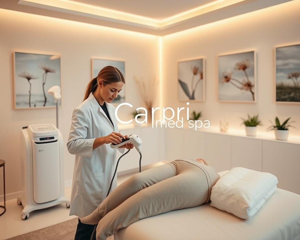 A tranquil and modern med spa treatment room with soft, diffused lighting creating a calming atmosphere. In the foreground, a professional practitioner in a white lab coat is demonstrating a body sculpting treatment using the T-Shape 2 device on a client dressed in modest, comfortable clothing. The client appears relaxed and at ease, showcasing a focus on wellness and rejuvenation. In the middle ground, sleek, high-tech equipment and aesthetic decor suggest a state-of-the-art facility. The background features serene artwork on the walls and potted plants, enhancing the spa-like vibe. A warm color palette with shades of cream and soft pastels adds to the inviting mood. Prominently displayed is the brand name "Capri Med Spa" in a subtle way to emphasize quality and professionalism in body sculpting solutions.