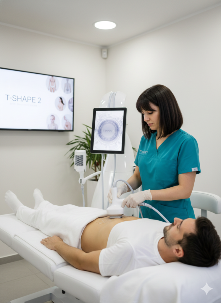 A professional, serene treatment room at Capri Med Spa, showcasing the T-Shape 2 treatment process. Foreground: A sleek, advanced body sculpting device with an elegant design, glowing softly. Middle: A trained technician in professional attire attentively explains the procedure to a patient, who is dressed in modest, casual clothing. Background: Bright, softly diffused natural light filtering through sheer curtains, highlighting a tranquil environment decorated with soothing colors, and minimalist décor. The atmosphere is calm and inviting, emphasizing wellness and professionalism. The image captures a focus on body contouring techniques, with an emphasis on the T-Shape 2 treatment as a modern solution for body sculpting. Best-T-Shape-2-treatment-price