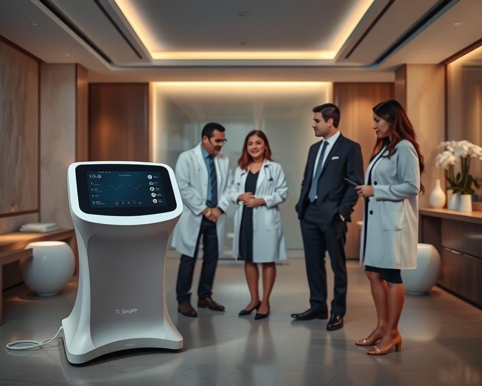 In a sleek, modern aesthetic, showcase the T-Shape 2 Sculpting Technology from Capri Med Spa, prominently displayed in the foreground. The device should feature its elegant contours and user-friendly interface, highlighted under soft, ambient lighting that casts gentle shadows for depth. In the middle ground, place a professional, diverse group of practitioners in modest business attire, intently discussing the technology, embodying expertise and care. The background should depict a serene, luxurious spa environment with calming colors and subtle decorative elements that enhance the atmosphere of well-being. The overall mood should convey innovation and sophistication, inviting the viewer into a world of advanced sculpting technology. Use a wide-angle lens to capture the full scene, emphasizing both the T-Shape 2 and the luxurious setting.
