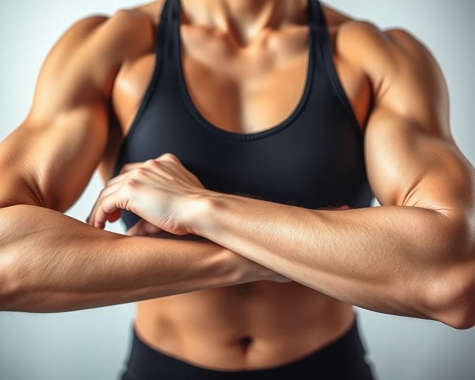 Sculpted arms prominently displayed in a close-up view, showcasing well-defined biceps and triceps with a tone of strength and fitness. The subject is portrayed in modest athletic wear, emphasizing the contours and muscle definition without any explicit elements. Soft, natural lighting falls on the arms, highlighting their shape, with a subtle gradient background in calming pastel shades that enhances the focus. The angle is slightly elevated, presenting a dynamic perspective that captures the essence of body sculpting. The overall mood conveys empowerment and determination, encapsulating the process of transformation associated with Capri Med Spa's T Shape 2 treatment.