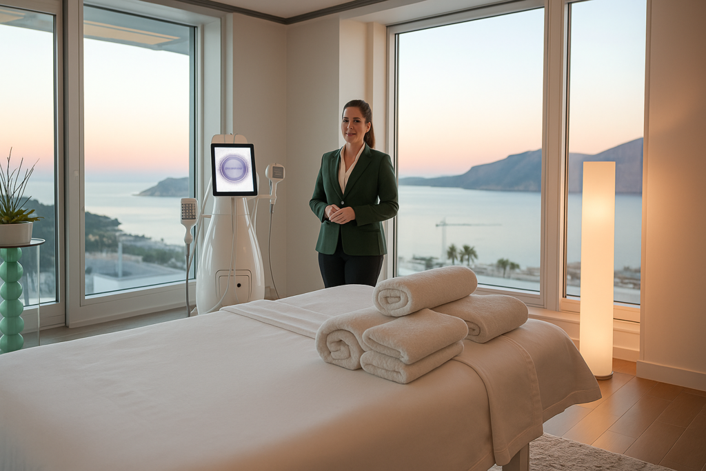 A serene and inviting interior scene at Capri Med Spa, showcasing a modern treatment room specifically designed for the T-Shape 2 treatment. In the foreground, a sleek treatment bed with crisp, white linens is adorned with plush towels, hinting at relaxation. In the middle ground, a well-groomed therapist in a professional business attire prepares T-Shape 2 equipment, exuding confidence and expertise. Soft, glowing ambient lighting creates a soothing atmosphere, while large windows in the background reveal a picturesque view of Capri's coastal landscape. A calming color palette of soft blues and greens enhances the tranquility of the space, inviting patients to embark on their body sculpting journey with Capri Med Spa. The overall mood is professional yet calming, emphasizing wellness and transformation. T-Shape 2 Results
