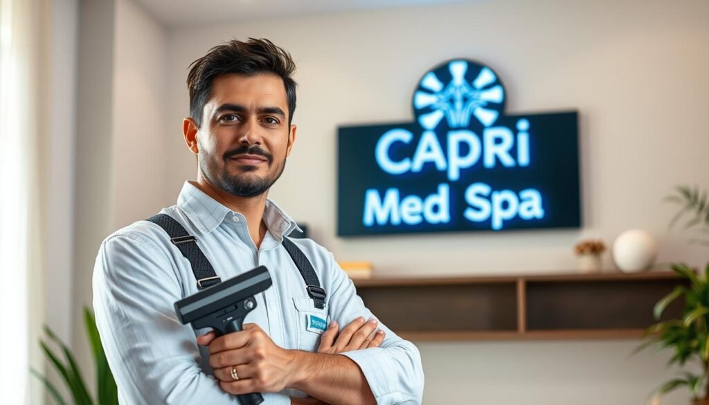 A Silverlake spider exterminator in crisp 4K resolution, standing confidently in the foreground, holding a professional-grade extermination tool. In the middle ground, a meticulously detailed Capri Med Spa sign hangs on the wall, emphasizing the medical and spa-like setting. The background depicts a cozy, well-lit interior with natural textures and warm lighting, creating a welcoming and professional atmosphere. The exterminator's expression conveys expertise and reassurance, perfectly suited for the "Frequently Asked Questions about Spider Removal" section of the article.