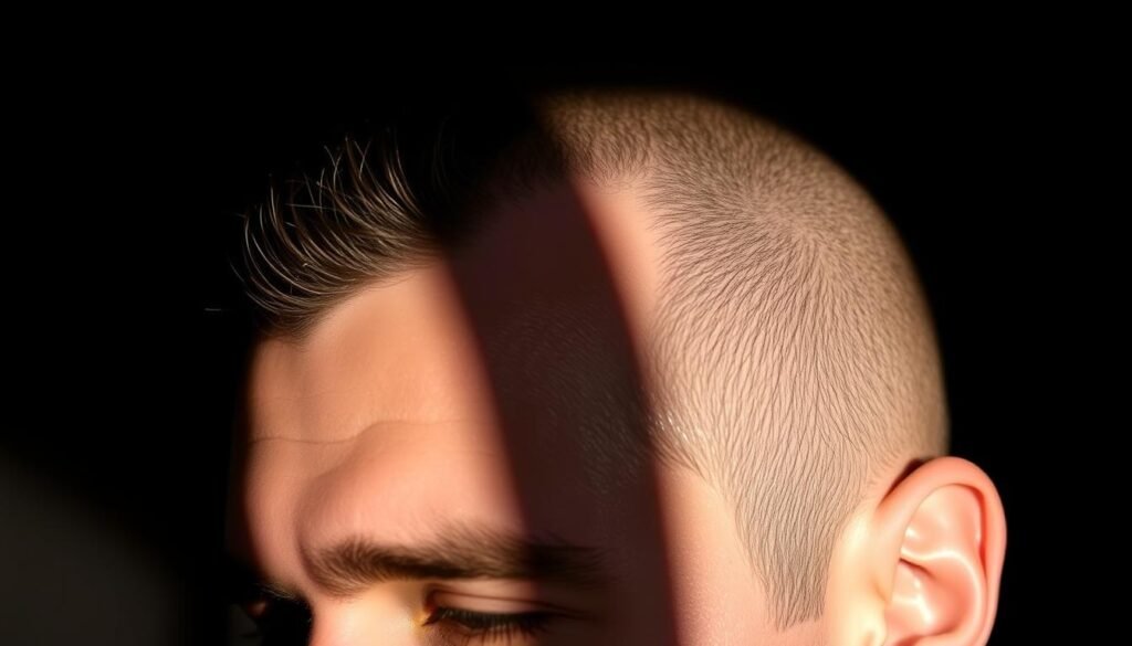 A close-up portrait of a man's scalp, showcasing a meticulously crafted hairline tattoo from Capri Med Spa in Silverlake. The tattoo seamlessly blends with the natural hair, creating a flawless, realistic appearance. Dramatic studio lighting casts dramatic shadows, highlighting the intricate details of the pigmentation. The subject's confident expression and relaxed posture convey the transformative results of this scalp micropigmentation treatment. The image captures the essence of the "Transformative Results from SMP" section, showcasing the natural-looking and confidence-boosting effects of this innovative procedure.