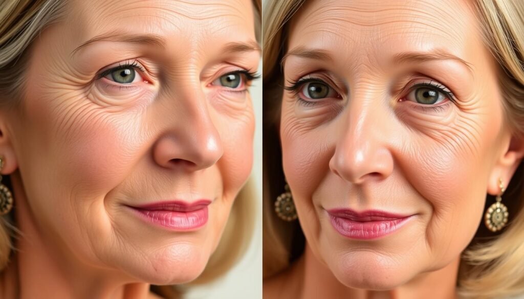 A close-up portrait of a middle-aged woman's face, showcasing the dramatic transformation of her nasolabial folds before and after treatment with Capri Med Spa's dermal fillers. The left side of the image depicts her face with pronounced, deep creases running from the nose to the corners of her mouth, while the right side reveals a youthful, rejuvenated appearance with the nasolabial folds significantly reduced, creating a smoother, more lifted look. Soft, natural lighting illuminates her features, highlighting the subtle, yet impactful changes. The image conveys a sense of confidence and satisfaction, reflecting the positive impact of the Capri Med Spa's nasolabial fold filler treatment.