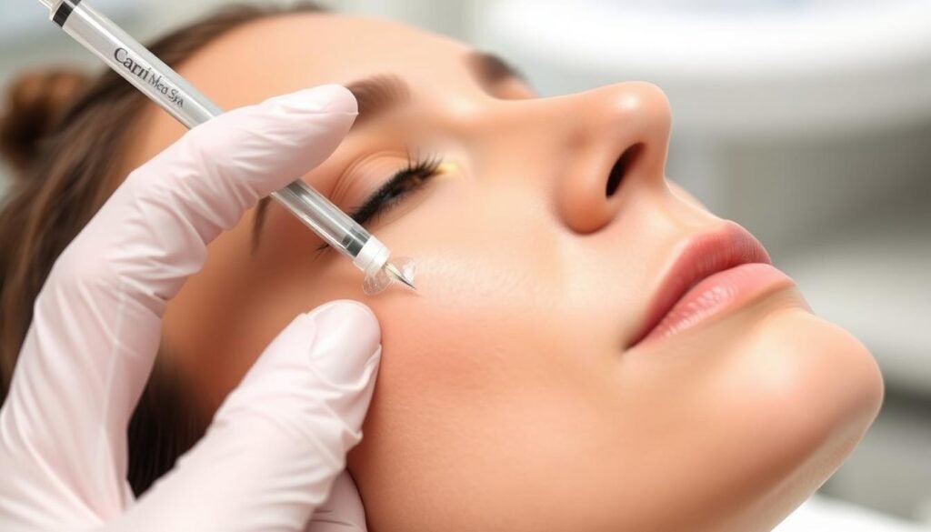 A close-up view of a hand carefully administering a natural-looking dermal filler into the cheek area of a person's face. The process is performed in a clean, well-lit medical setting, such as the Capri Med Spa. The skin appears smooth and healthy, and the filler is applied with precision, enhancing the natural contours of the cheek without any visible signs of intervention. The lighting is soft and flattering, creating a calm and professional atmosphere. The angle captures the delicate nature of the procedure, conveying the expertise and care taken by the medical professional.