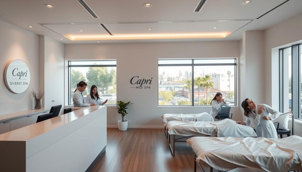A cozy Silverlake clinic with a sleek, modern interior. The reception area features a minimalist white counter, behind which stands a team of Dysport specialists in crisp white lab coats. The treatment rooms are bathed in soft, diffused lighting, creating a soothing atmosphere. Clients relax on comfortable tables, as the experts administer precise Dysport injections. The Capri Med Spa logo is discreetly displayed, conveying a sense of professionalism and expertise. In the background, a panoramic window offers a view of the vibrant Silverlake neighborhood, adding a touch of urban sophistication.