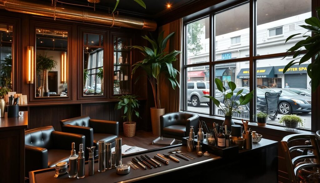 A cozy, sophisticated grooming salon nestled in the heart of Silverlake, Capri Med Spa offers a refined gentlemen's facial experience. The interior is bathed in warm, soft lighting, inviting clients to relax in plush leather chairs as skilled aestheticians attend to their skin. Gleaming brass fixtures and dark wood accents lend an air of understated elegance, while lush greenery and natural textures create a serene, nature-inspired ambiance. In the foreground, a well-appointed manicure station displays an array of premium grooming tools, hinting at the meticulous attention to detail that defines the Capri Med Spa experience. Through large windows, the vibrant Silverlake streetscape provides a captivating backdrop, blending the salon's refined sophistication with the neighborhood's distinctive urban charm.