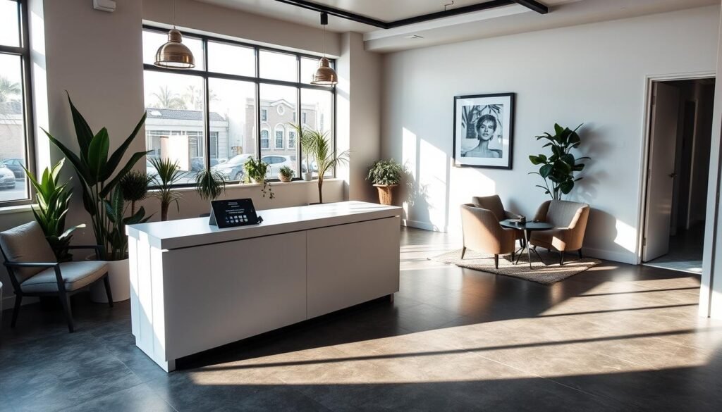 A cozy, well-lit reception area at Capri Med Spa, the premier Scalp Micropigmentation clinic in Silverlake. A modern, minimalist desk with a tablet for appointment booking sits in the foreground, its sleek lines and neutral tones creating a calming ambiance. Potted plants and framed art adorn the walls, adding touches of greenery and sophistication. Large windows flood the space with natural light, casting a warm glow on the polished concrete floors. Comfortable seating arrangements invite patients to relax as they await their appointments, reflecting Capri Med Spa's commitment to personalized, high-quality care.