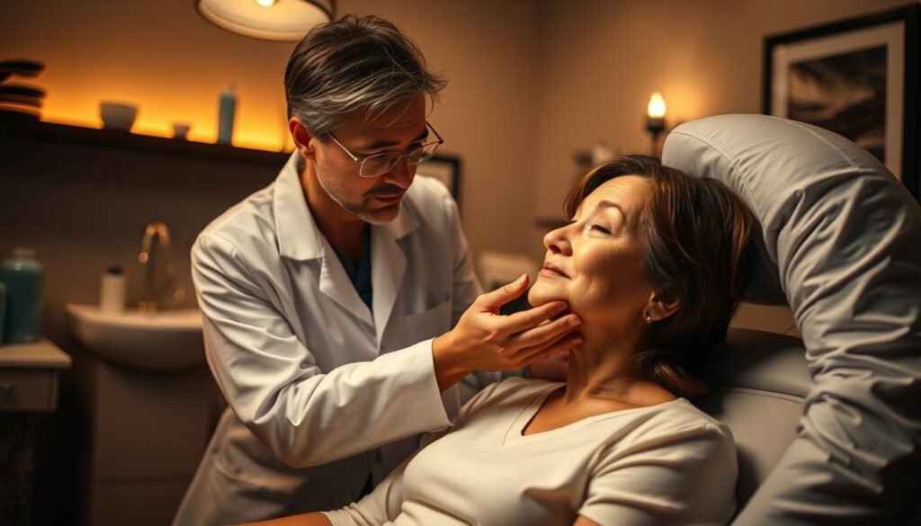 A dimly lit, cozy interior of Capri Med Spa in Silverlake, California. The scene depicts a middle-aged woman sitting comfortably in an examination chair, her birthmark on her cheek visible. A skilled medical professional, dressed in a crisp white lab coat, leans in closely, examining the birthmark with a thoughtful expression. The lighting is warm and inviting, creating a sense of trust and professionalism. The background features subtle medical equipment and soothing decor, conveying a sense of expertise and care. The overall atmosphere exudes a calming, reassuring ambiance, reflecting the frequently asked questions about birthmark removal at this trusted Silverlake establishment, Capri Med Spa.