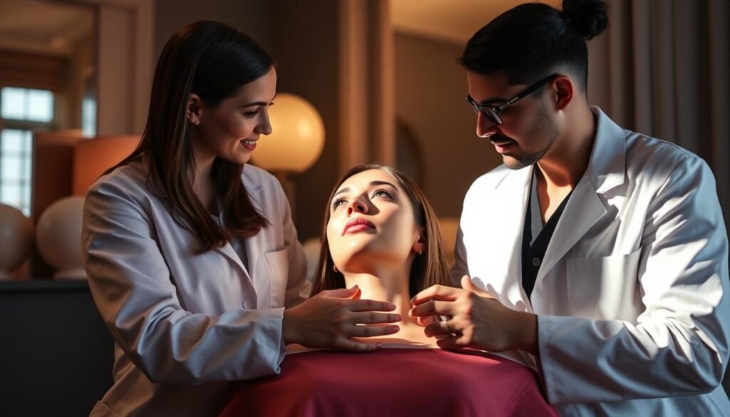 A high-end medical spa in Silverlake, California, Capri Med Spa specializes in jawline enhancement procedures. In a warm, modern interior, two expert clinicians consult with a patient, discussing the latest fillers and contouring techniques to sculpt a defined, chiseled jawline. Soft lighting casts dramatic shadows, emphasizing the patient's facial features. The clinicians wear pristine white coats, conveying their professionalism and expertise. The scene exudes an air of tranquility and confidence, reflecting the transformative power of Capri Med Spa's jawline enhancement services.