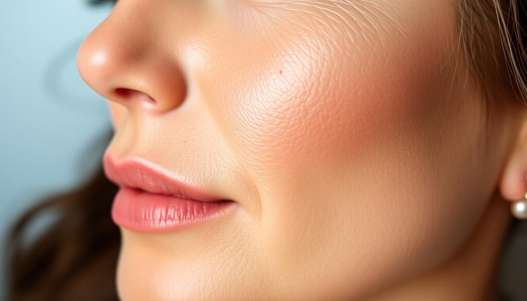 A high-quality close-up portrait of a woman's face, capturing the effects of a facial wrinkle reduction treatment at Capri Med Spa. The skin appears smooth, plump, and youthful, with diminished fine lines and wrinkles. Soft, directional lighting illuminates the subject's features, highlighting the natural glow and radiance of the treated skin. The background is slightly blurred, keeping the focus on the detailed, textural close-up of the face. The overall mood is serene, relaxed, and showcases the rejuvenating results of the wrinkle reduction procedure offered at Capri Med Spa.