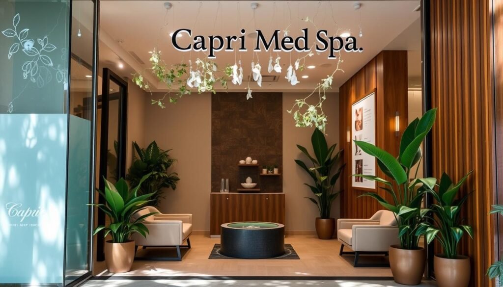 A lush, serene wellness center nestled in the heart of Silverlake, California. The Capri Med Spa's facade exudes a contemporary, yet inviting aesthetic, with sleek glass panels and warm, wooden accents. Through the entrance, a tranquil lobby greets visitors, featuring plush seating arrangements and verdant potted plants. Natural light filters in, creating a soothing atmosphere. In the background, a minimalist water feature adds a calming ambiance. The center's signage, "Capri Med Spa", is prominently displayed, conveying a sense of refined luxury. Overall, the scene emanates a balanced blend of modern design and restorative wellness.