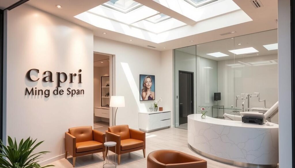 A modern, minimalist dermal filler clinic in the heart of Silverlake, Los Angeles. The facade features clean lines, large windows, and a sleek Capri Med Spa sign in brushed metal. The interior is bright and airy, with natural light filtering in through skylights. Plush leather chairs and a marble reception desk create an atmosphere of luxury and relaxation. In the treatment rooms, state-of-the-art equipment and soothing decor put patients at ease. The clinic exudes professionalism and a commitment to personalized, high-quality care.