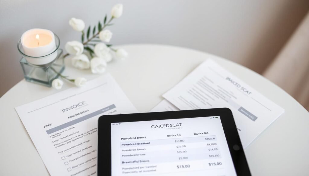 A professional, high-quality photograph of the cost of powdered brows service at Capri Med Spa. The image shows a clean, minimalist table-top setup with a price list, invoices, and a tablet device displaying the pricing information. The lighting is soft and diffused, creating a serene and inviting atmosphere. The composition is well-balanced, with the pricing details as the focal point. The background is a neutral, muted color to draw the viewer's attention to the relevant information. The overall aesthetic conveys a sense of professionalism, attention to detail, and transparent pricing at Capri Med Spa.