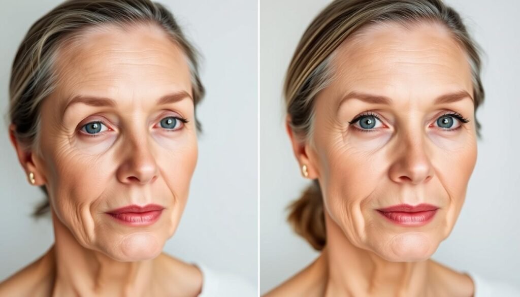 A professional-looking before and after image showcasing the transformative effects of the Capri Med Spa's anti-aging facial treatment. In the before image, a mature woman's face appears lined and tired, with dull, uneven skin tone. The after image depicts the same woman, her skin visibly rejuvenated and radiant, wrinkles smoothed, and a vibrant, youthful glow. The images are presented side-by-side against a clean, minimalist background, with soft, directional lighting accentuating the skin's texture and luminosity. The overall mood is one of elegance and sophistication, reflecting the high-quality, professional nature of the Capri Med Spa's services.