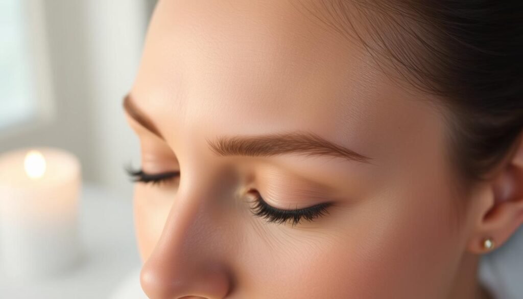 A serene and alluring close-up of a person's temples, showcasing the subtle enhancements of Capri Med Spa's non-surgical temple fillers. Soft, diffused lighting illuminates the natural contours and accentuates the refined, youthful appearance. The skin appears radiant, with a healthy glow and a slight lift, creating a refreshed and rejuvenated look. In the background, a blurred, tranquil setting evokes a sense of relaxation and self-care. The overall mood is one of understated elegance and natural beauty, highlighting the transformative power of Capri Med Spa's temple enhancement treatments.