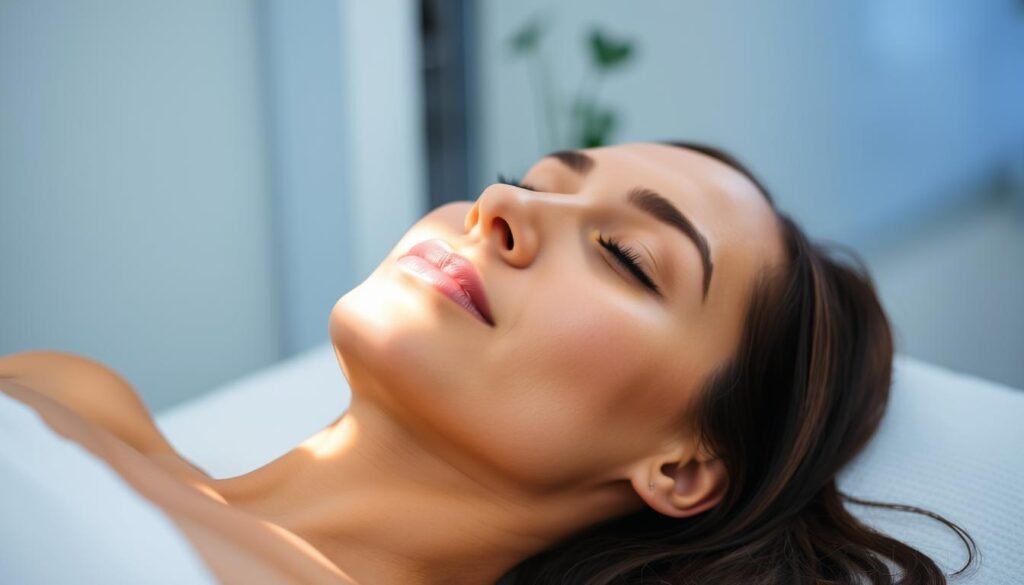 A serene and calming scene of the post-treatment healing process at Capri Med Spa in Silverlake. In the foreground, a woman's face is gently illuminated, her eyes closed as she experiences the soothing effects of the advanced ISR treatment. The middle ground showcases her skin, glowing with a healthy radiance, as the healing process unfolds. In the background, a soft, diffused light bathes the scene, creating an atmosphere of tranquility and rejuvenation. The composition is balanced, with a focus on the woman's relaxed expression, conveying the sense of peace and restoration that the Capri Med Spa's treatments provide.