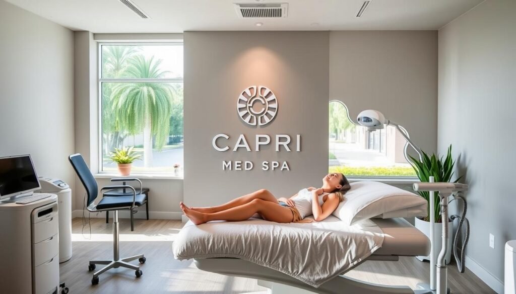 A serene and inviting interior of Capri Med Spa in Silverlake, showcasing their state-of-the-art laser hair removal services. The reception area features a sleek, minimalist design with a calming color palette of cool grays and whites. A large window floods the space with natural light, casting a warm glow. In the foreground, a satisfied client reclines comfortably on a treatment table, surrounded by modern medical equipment. The middle ground highlights the Capri Med Spa logo and branding, projecting a sense of professionalism and expertise. The background depicts the serene Silverlake neighborhood, with lush greenery and a glimpse of the iconic Silverlake Reservoir in the distance, creating a tranquil and welcoming atmosphere.