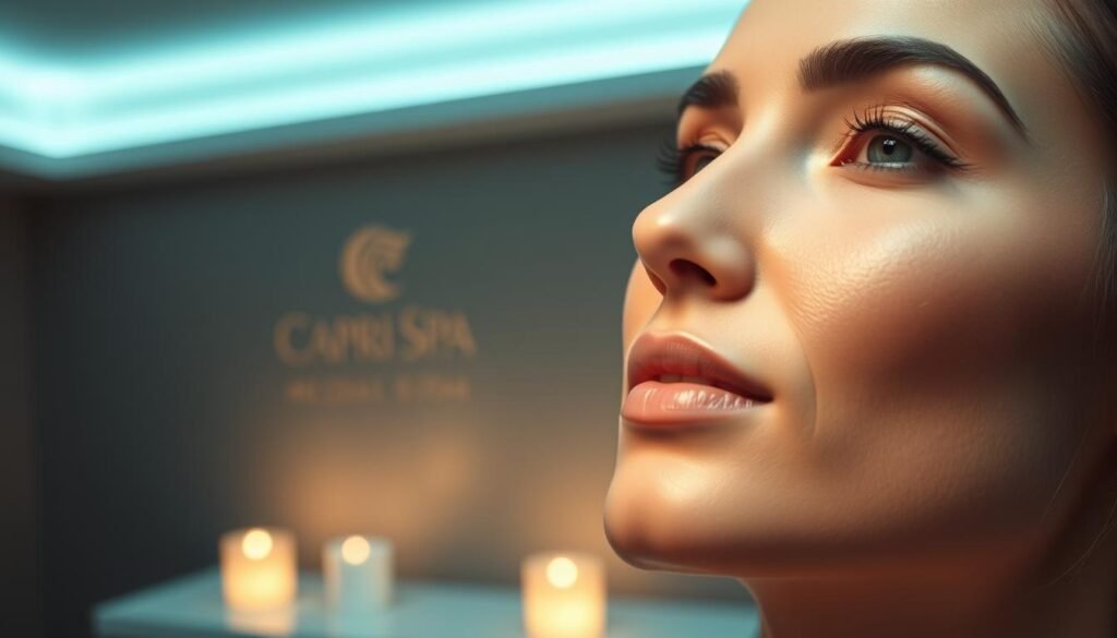 A serene, dimly lit medical spa setting. In the foreground, a close-up of a woman's face, the skin glowing with a subtle, youthful radiance. Her features are softly illuminated, accentuating the natural contours and definition. In the middle ground, a Capri Med Spa logo discreetly displayed, conveying the prestigious, professional atmosphere. The background is hazy, with a soothing, muted color palette, creating a sense of calm and relaxation. The overall composition exudes a sense of tranquility and rejuvenation, reflecting the key benefits of Sculptra facial treatment in Silverlake.