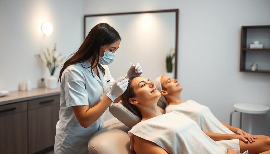 A serene, modern medical spa in Silverlake, Los Angeles. Soft lighting illuminates the professional, hygienic setting as a registered nurse expertly administers Botox injections. Patients recline comfortably, their faces relaxed, as they entrust Capri Med Spa to rejuvenate their appearance. The nurse's skilled hands and confident demeanor instill a sense of trust and care. Minimalist decor and soothing neutral tones create a calming atmosphere, perfect for addressing common concerns about this popular cosmetic treatment.