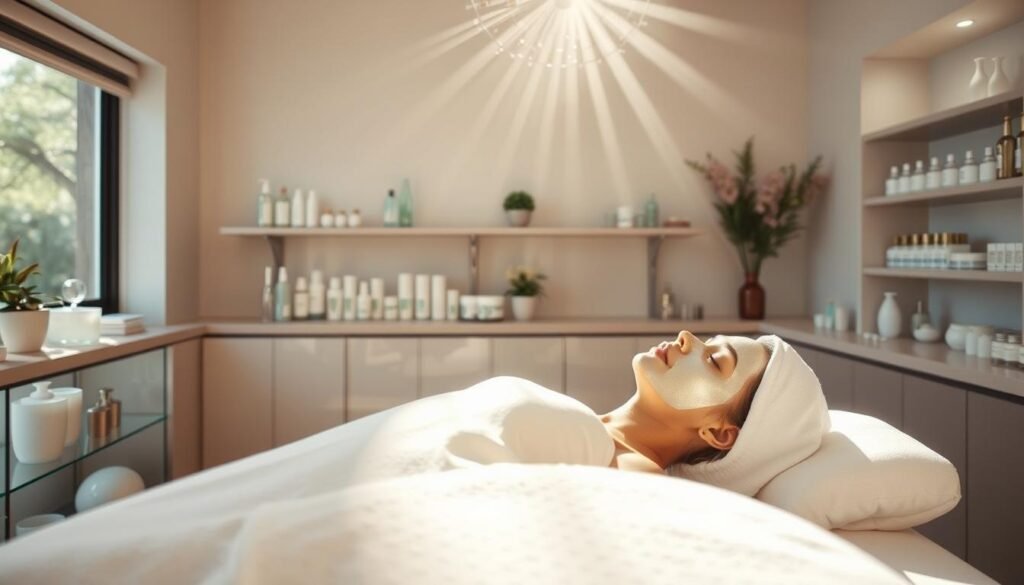 A serene, sun-dappled beauty treatment scene at Capri Med Spa in Silverlake. In the foreground, a client reclines on a plush treatment table, their skin glowing with nourishing masks and serums. Shelves of soothing, high-end skincare products line the middle ground, while the background features soft, neutral-toned decor creating a tranquil ambiance. Diffused natural light filters through large windows, casting a warm, radiant glow. The overall atmosphere is one of relaxation and rejuvenation, reflecting the high-quality spa services offered by Capri Med Spa.