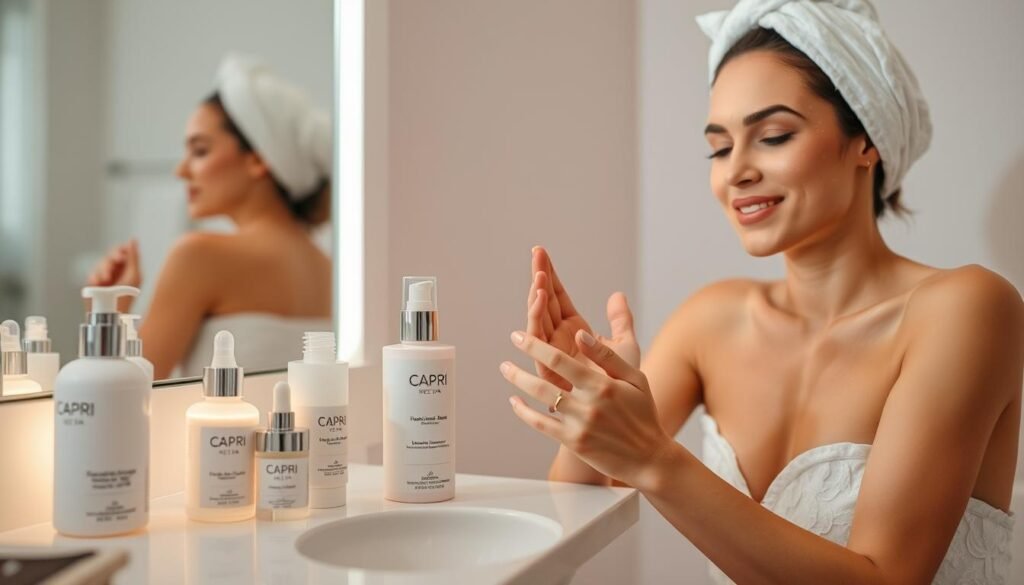 A serene, well-lit bathroom setting. On the counter, an assortment of premium skincare products from Capri Med Spa - soothing lotions, calming serums, and hydrating masks. A woman's hands gently applying one of the products to her freshly peeled, glowing complexion. Soft, diffused lighting illuminates the scene, creating a tranquil, spa-like atmosphere. The woman's expression is one of relaxation and contentment as she indulges in her post-peel pampering routine. The image exudes a sense of self-care, rejuvenation, and the promise of radiant, youthful skin.