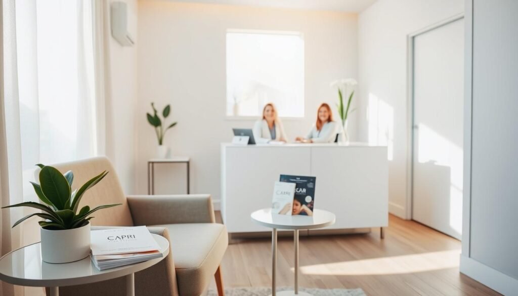 A serene, well-lit consultation room at Capri Med Spa in Silverlake. Soft natural light filters through large windows, casting a warm glow on the modern, minimalist decor. In the foreground, a comfortable armchair invites the patient to relax. On a sleek side table, a potted plant and a small stack of informative brochures about Capri's scar treatment services. The middle ground features a modern desk, where a friendly clinician sits, ready to discuss the patient's skin concerns and treatment options. The background showcases the spa's clean, calming aesthetic - neutral tones, subtle textures, and a sense of tranquility pervading the space.