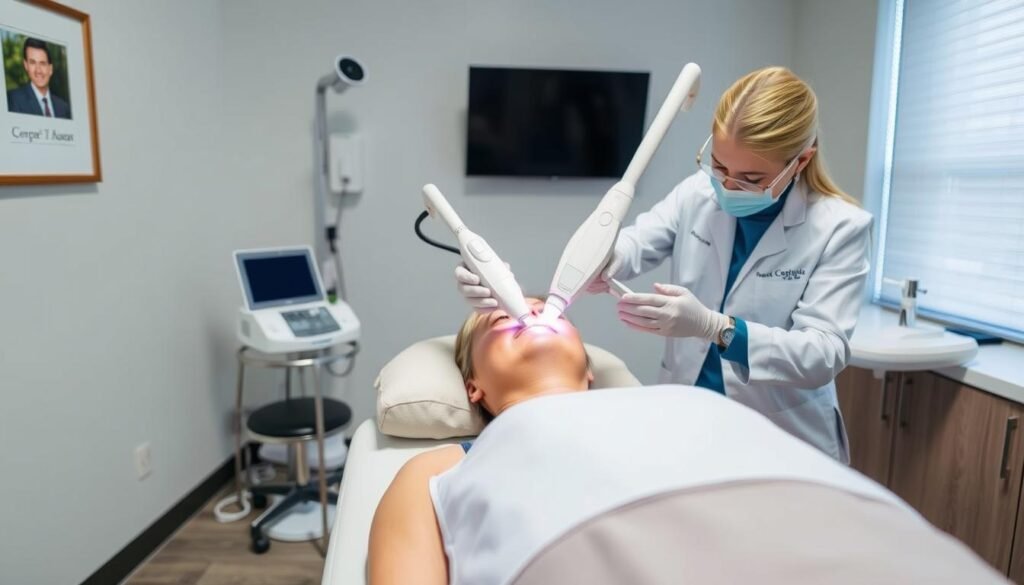 A serene, well-lit examination room at Capri Med Spa, featuring a comfortable examination table and state-of-the-art medical equipment. A patient reclines calmly as a skilled dermatologist uses a specialized, non-invasive laser device to gently remove a small, discolored birthmark from their skin. The procedure is performed with precision and care, leaving the patient's complexion visibly improved. The overall atmosphere conveys professionalism, expertise, and a dedication to providing the highest quality of personalized care.