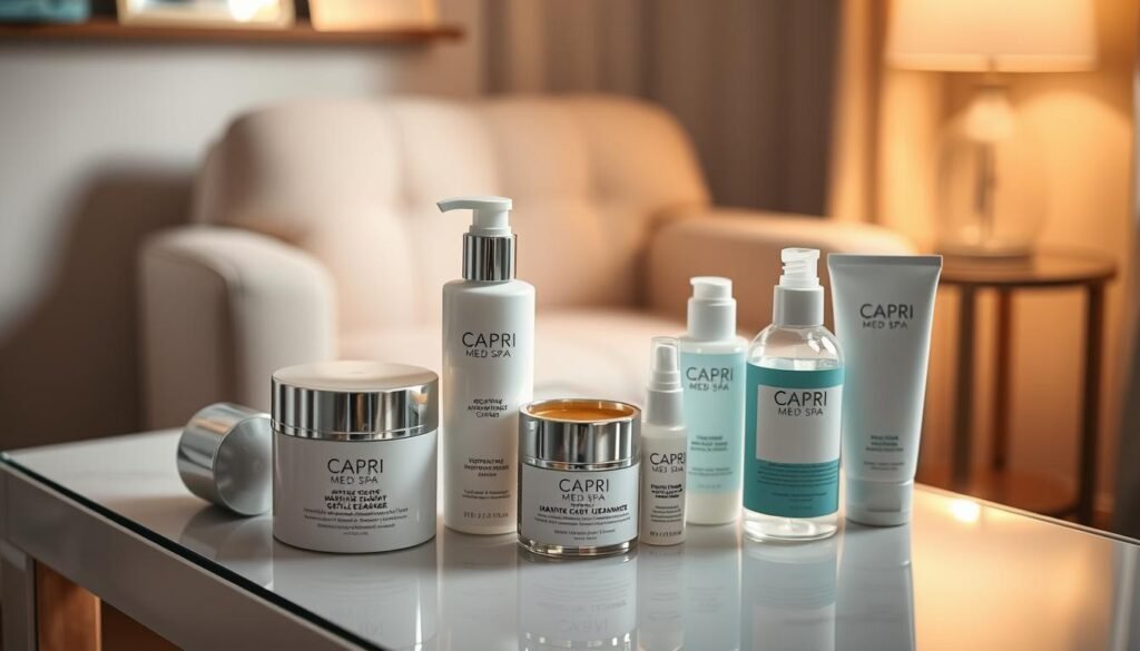 A serene, well-lit vanity table in a cozy home spa setting. On the table, an array of Capri Med Spa aftercare products - soothing face creams, hydrating serums, and gentle cleansers. Soft, diffused lighting creates a warm, inviting atmosphere, emphasizing the high-quality, professional-grade skincare items. In the background, a plush, comfortable armchair suggests a relaxing post-treatment experience. The overall scene conveys a sense of tranquility and self-care, perfectly complementing the "Recovery and Aftercare" section of the article on Wrinkle Removal at Capri Med Spa.