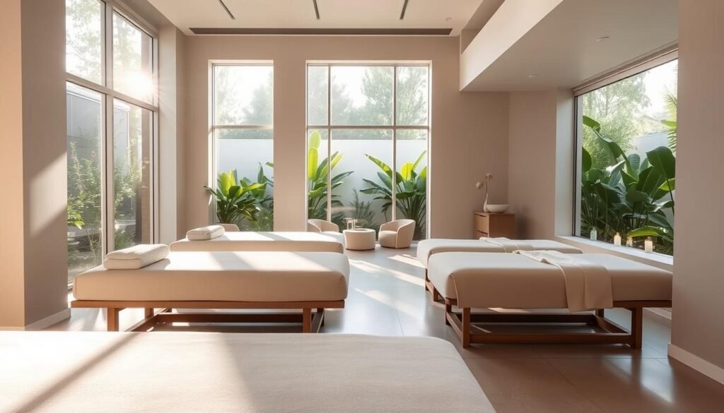 A tranquil, luxurious spa nestled in the heart of Silverlake, California. Sunlight filters through floor-to-ceiling windows, illuminating the sleek, minimalist interior design. In the foreground, a row of plush, cream-colored treatment tables awaits guests, ready to deliver a rejuvenating experience. The middle ground features a serene relaxation lounge, where clients can unwind with a cup of herbal tea. In the background, a lush, botanical oasis can be seen through the windows, transporting visitors to a private, peaceful sanctuary. Capri Med Spa, a haven of indulgence and wellness, with seasonal specials and promotions to elevate the luxury experience.