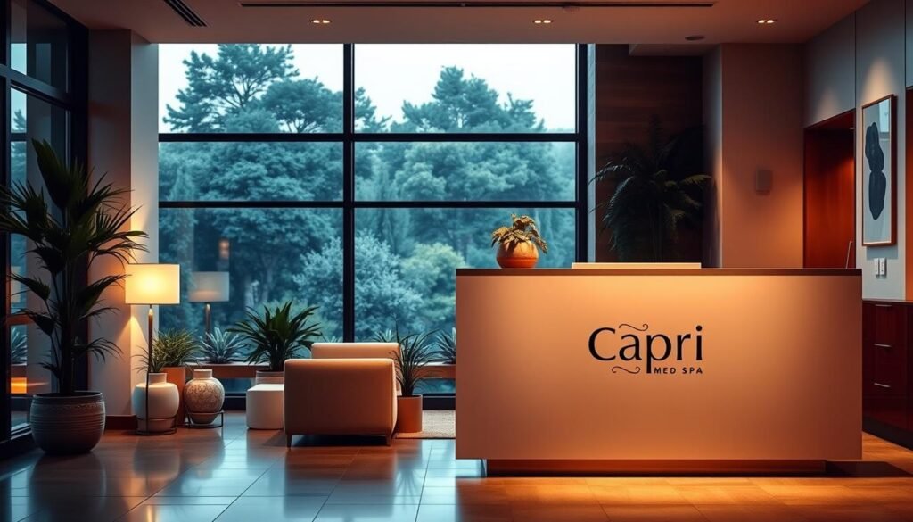 A warm, softly lit scene of a modern, upscale medical spa lobby. In the foreground, a sleek, minimalist reception desk with the Capri Med Spa logo prominently displayed. Behind it, a large window overlooking a serene, lush Silverlake landscape. In the middle ground, comfortable seating arrangements and potted plants create a soothing, spa-like ambiance. The lighting is subtle, accentuating the clean lines and natural materials of the interior design. The overall atmosphere conveys a sense of relaxation, professionalism, and high-quality care, perfectly suited for a top-rated age spot removal treatment.