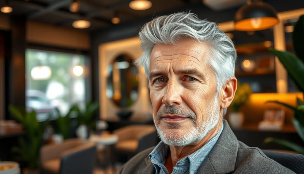 A well-groomed gentleman sits in a stylish Silverlake salon, his distinguished silver hair neatly styled. Warm, diffused lighting illuminates his refined features, accentuating his weathered yet dignified expression. In the background, modern decor and lush greenery create a soothing, rejuvenating atmosphere. This is the Capri Med Spa, where this gentleman is about to experience a transformative facial treatment that will leave him feeling refreshed and revitalized.