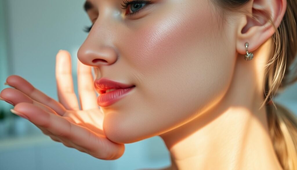 A well-lit, high-quality close-up photograph of cosmetic cheek fillers, showcasing the smooth, youthful contours they can provide. The foreground features the palm of a hand gently touching the cheek, drawing attention to the subtle volume and glow. The middle ground shows the side profile of a woman's face with a soft, radiant expression. The background is a clean, minimalist setting, perhaps a medical spa environment like Capri Med Spa, conveying a sense of professionalism and care. The overall mood is one of natural beauty, refinement, and the transformative power of injectable treatments.