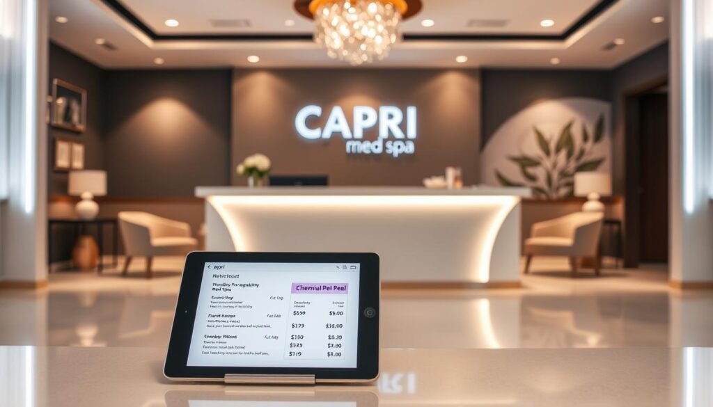 An elegant and modern medical spa interior, featuring a reception desk with the Capri Med Spa logo prominently displayed. The space is bathed in soft, warm lighting, creating a serene and inviting atmosphere. In the foreground, a tablet device showcases pricing information for a chemical peel treatment, with clear and informative details. The middle ground features minimalist furnishings, with clean lines and neutral tones that complement the overall aesthetic. The background depicts a subtle, natural-inspired mural, hinting at the spa's holistic approach to skincare. The image conveys professionalism, attention to detail, and a commitment to providing a premium client experience.