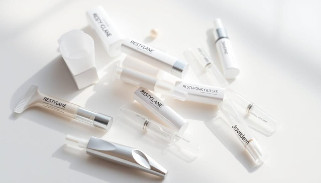 Detailed close-up of various types of dermal fillers arranged on a clean, minimalist white surface. Different shapes, sizes, and textures of hyaluronic acid-based fillers, including Restylane and Juvederm, in their original packaging. Soft, natural lighting from the side accentuates the translucent, gel-like quality of the products. The overall mood is clinical yet inviting, highlighting the high-quality, professional aesthetic of Capri Med Spa's dermal filler offerings.