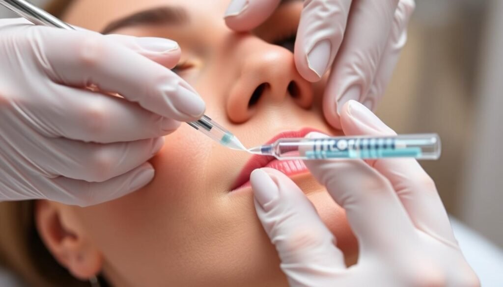 Detailed medical procedure of dermal fillers injection at Capri Med Spa. Closeup view of a surgeon's hands carefully administering hyaluronic acid filler into the nasolabial folds on a patient's face. Soft, diffused lighting highlighting the skin's texture. Sterile medical environment with blurred background. Precise, meticulous technique with a steady hand and delicate precision. Subtle skin tightening and smoothing as the filler is expertly placed. Calming, professional atmosphere conveying trust and care. The procedure is performed with the utmost attention to detail and patient comfort.