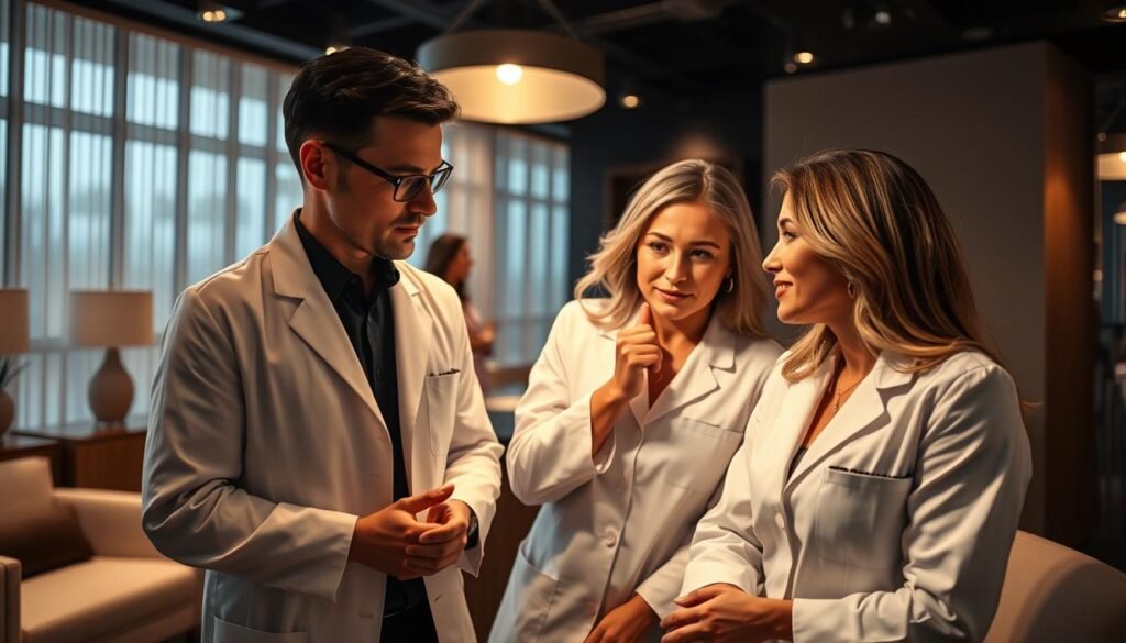 Experienced freckle removal specialists from Capri Med Spa in Silverlake, wearing pristine white lab coats, examining client skin under a warm, focused spotlight. Elegant, modern medical spa interior with sleek furniture and calming neutral tones in the background. The specialists exude professionalism and expertise, ready to provide personalized treatments for each individual. Dramatic, cinematic lighting captures the serene, high-end atmosphere of Capri Med Spa.