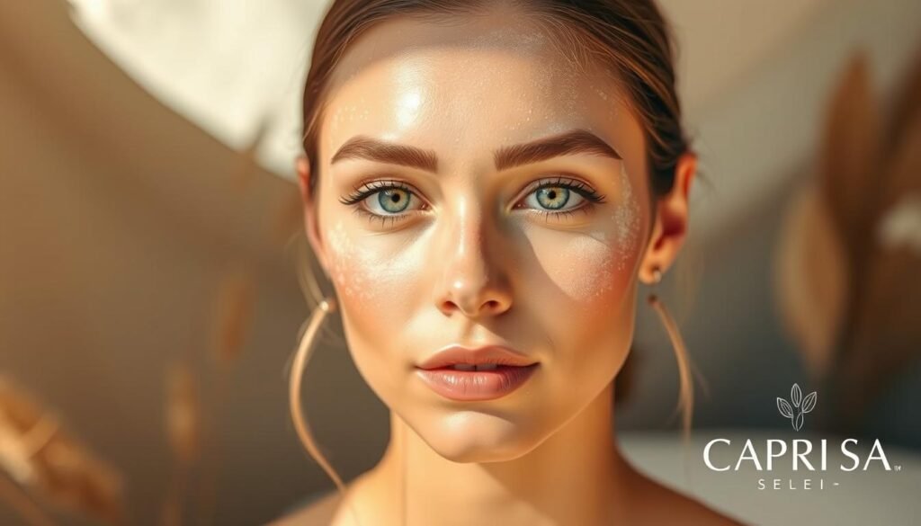 Powdered brows, delicately dusted with a soft, ethereal glow, framing the eyes with effortless elegance. In a serene, natural setting, the model's face is illuminated by warm, diffused lighting, creating a sense of tranquility. The brows are sculpted with precision, blending seamlessly into the natural contours of the face. In the background, a minimalist, airy environment with subtle textures and neutral tones allows the focus to remain on the captivating powdered brows. The Capri Med Spa logo discreetly accents the composition, hinting at the professional expertise behind this timeless beauty technique.