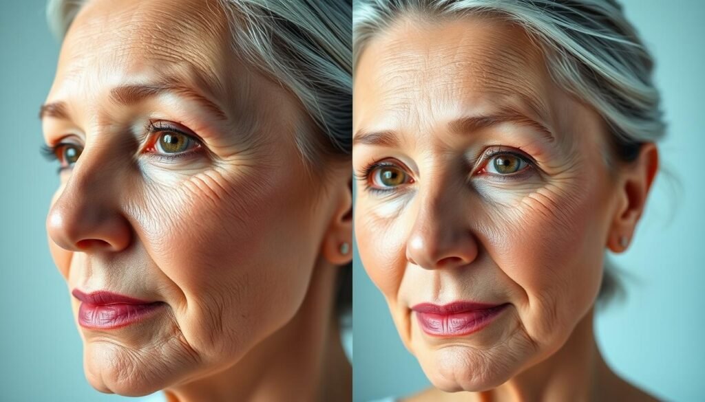 Silverlake advanced ISR specialist before and after photos: A high-resolution close-up shot of a middle-aged Caucasian woman, her face illuminated by soft, natural lighting that captures the subtle transformations brought about by the Capri Med Spa's innovative ISR treatment. In the before image, her skin appears dull and uneven, with visible signs of aging. The after image showcases her renewed, youthful radiance, with a more even tone, diminished fine lines, and a healthy glow. The lighting and lens focus draw the viewer's attention to the dramatic improvements in her complexion, highlighting the expertise of the Capri Med Spa team.